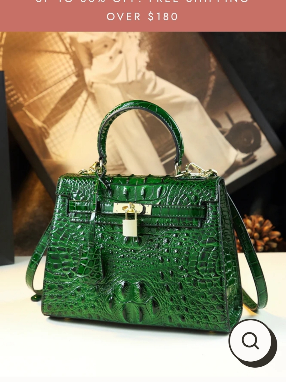 Green Croc-Embossed Top-Handle Satchel with Lock